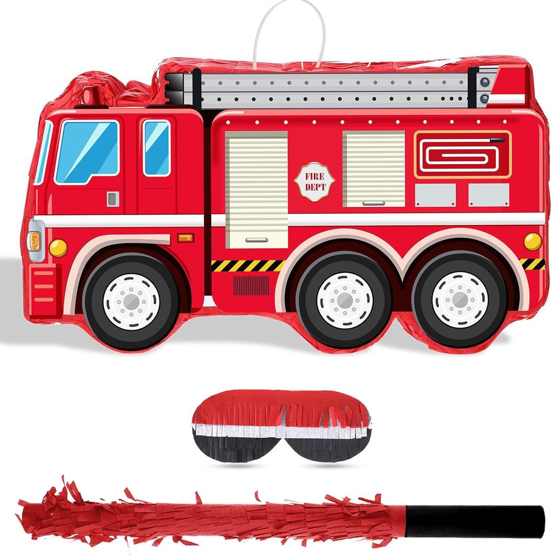 Fire Truck Piata with Hanging Loop Blindfold Bat and Confetti Filler for Kids Boys Firefighter Firetruck Theme Birthday Party Decorations Supplies, 16.14 x 8.9 x 3.15 Inches