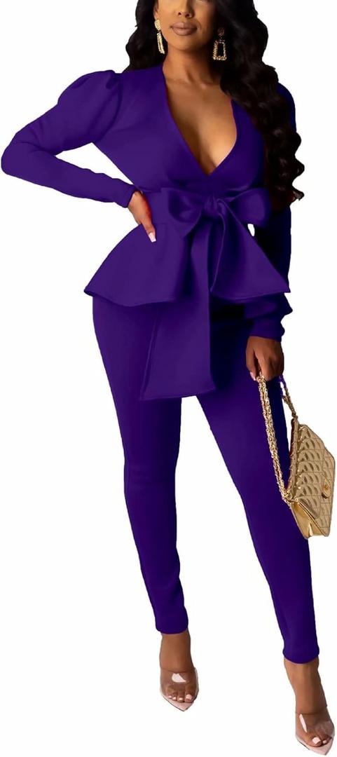Remelon 2 Piece Outfits for Women Blazer with Pants Deep V Long Sleeve Slim Fit Ruffle Pelplum Business Suit (Small, Dark Purple)