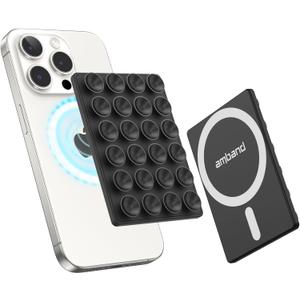 amBand Magnetic Sticky Phone Suction Grip for MagSafe, Removable for Wireless Charging, Durable Magnet Silicone Portable Mount Stand for iPhone 12 13 14 15 16 17 Series, Hands-Free Video/Selfie, Black