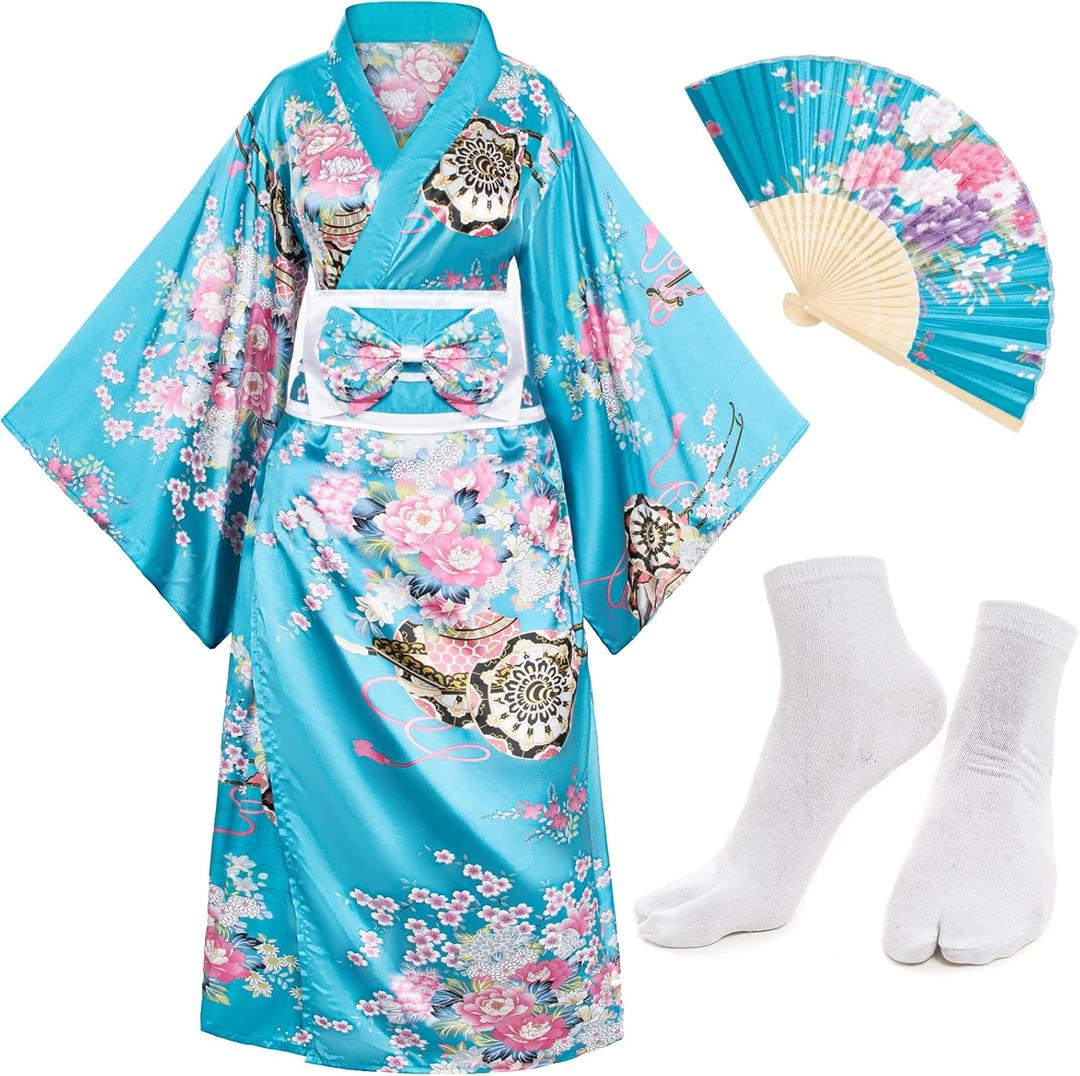 Japanese Anime Women's Kimono Robe Geisha Yukata Sweet Dress Blossom Satin Bathrobe Sleepwear Fans Tabi Socks Set (Light Blue)
