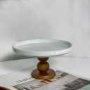 White Cake Stand Small Mini Cake Pedestal Plate Stand, 6 inch Vintage Ceramic Round Wood Pie Stand for Party Wedding, Candle Jewelry Decorative Tray (Brown Wooden High-Foot)