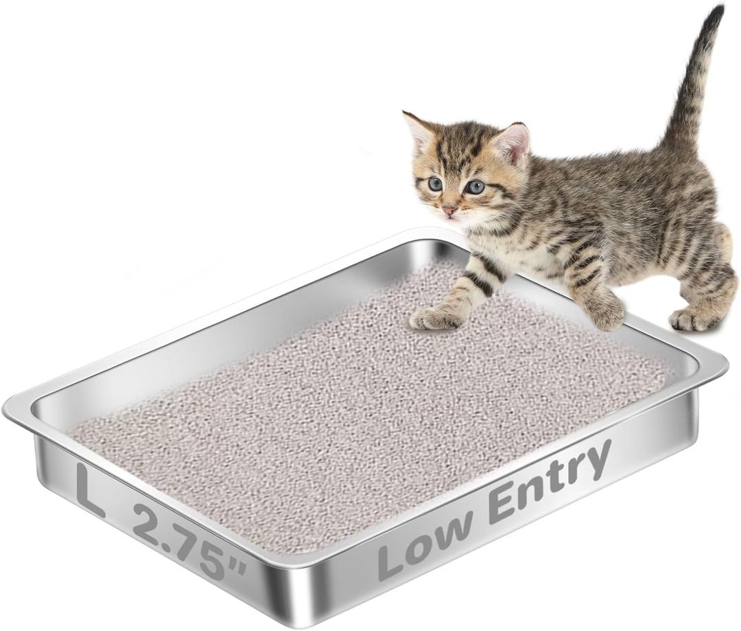 Low Entry Stainless Steel Cat Litter Box for Big Cats, Extra Large Metal Kitten Shallow Litter Box, Easy Access Kitty Litter Pan Tray, Easy Cleaning -17.72'' Lx 13.78'' W x 2.76'' H