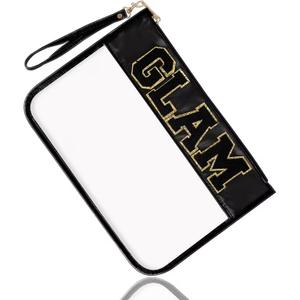 Chenille Letter Clear Travel Bags Purse Pouch, Monogram PVC & PU Clear Zipper Pouch with Wristlet, Waterproof Portable Glitter Snacks Makeup Beach Pouch Toiletry Bag for Women Girls (Glam )