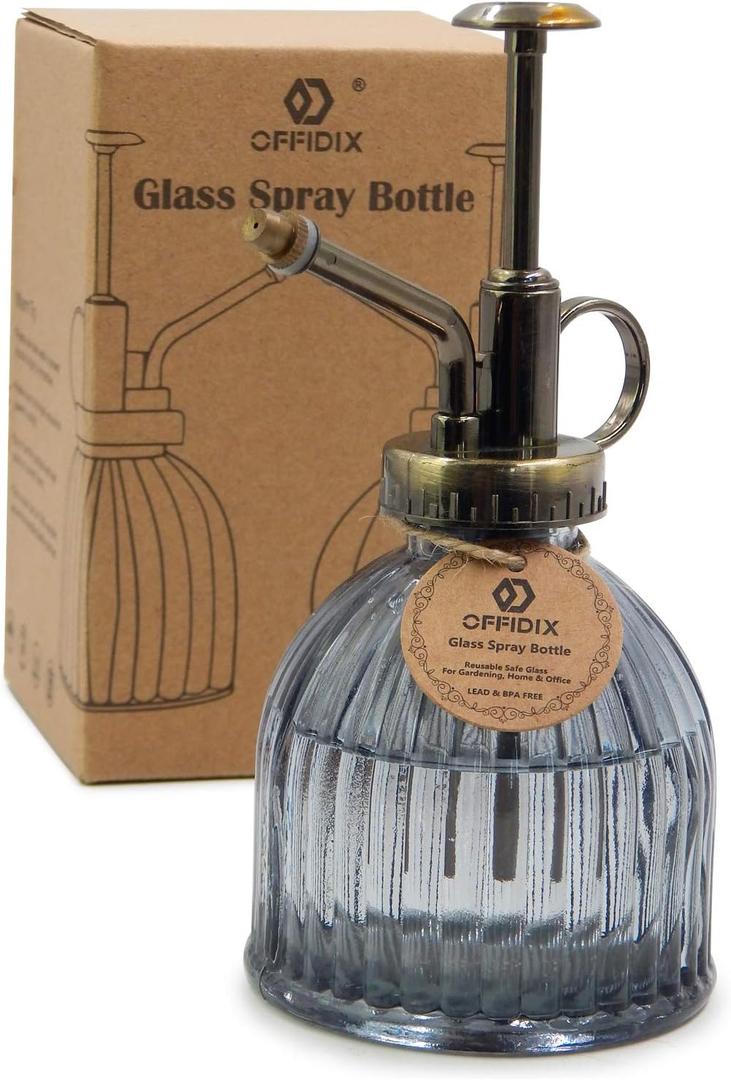 OFFIDIX Plant Mister Plant Water Spray Bottle, 6.3" Tall Vintage Style with Bronze Plastic Top Pump One Hand Glass Watering Can for Indoor Potted Plants Terrariums (Dark Gray)
