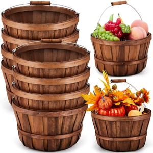 Marsui 8 Pcs 11'' x 6.5'' Round Wooden Apple Baskets Large Fruit Buckets with Handle Easter Gifts Basket Farmers Market Basket Portable Bushel Empty Garden Container for Home Farm Party Supplies