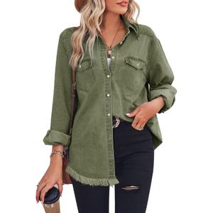 Zilcremo Women Denim Shirt Chambray Collared Jean Shirts Long Sleeve Pocket Button Down Blouses (XX-Large, Green)