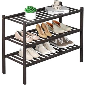 3 Tier Bamboo Shoe Rack for Closet Free Standing Wood Shoe Shelf for Entryway Small Space Stackable 27"x11"x20" (Brown)