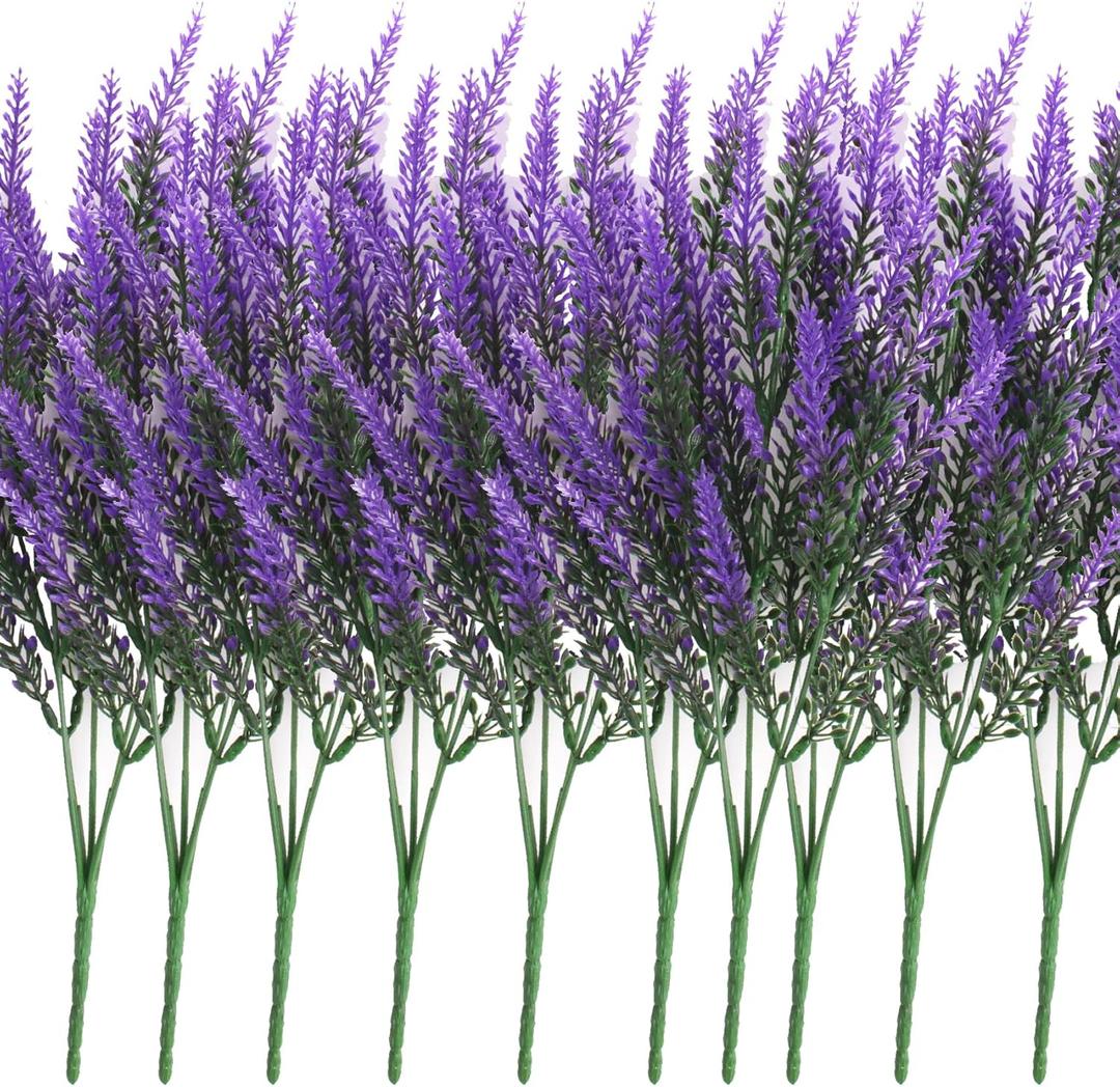 15PCS Artificial Lavender Flowers Bouquet Outdoor UV Resistant Plants for DIY Wreath Floral Arrangement Wedding Party Home Garden Decoration (15, Purple)