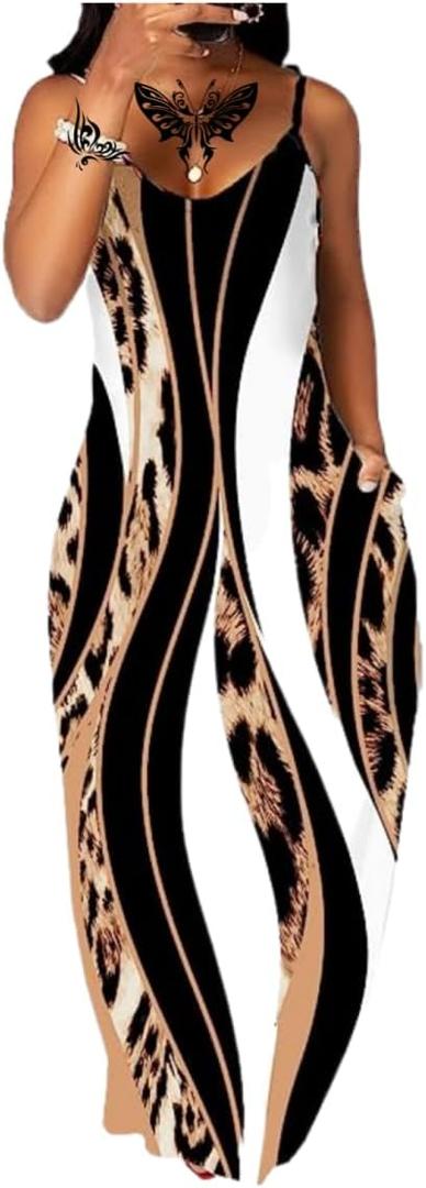 Women's Summer Maxi Dress Long Dress Casual Boho Sleeveless Strap Smocked Tiered Long Beach Sun Dresses, A4-leopard (L)