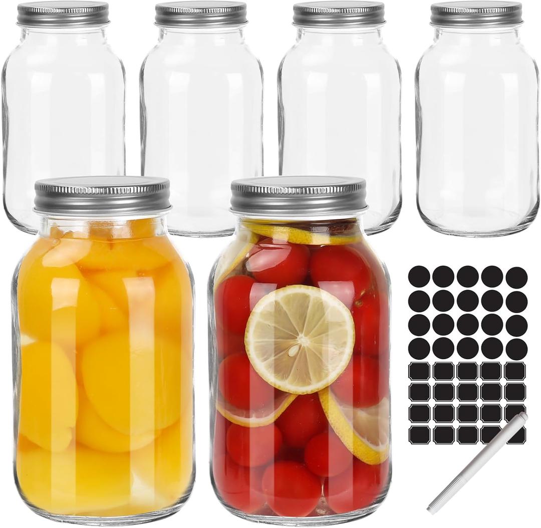 Keketin 32 oz Mason Jars with Airtight Lids,6 Pack Glass Canning Jars,1000ml Food Storage Jars for Jams,Pickles,Salad,Drink Favors,Jars Crafts
