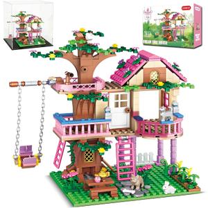 CSNRHG Dream Tree House Friends Building Set, Tree House Building Set Acrylic Protective Cover, Friendship Tree House with Swing Animals Flowers, 504 Pieces