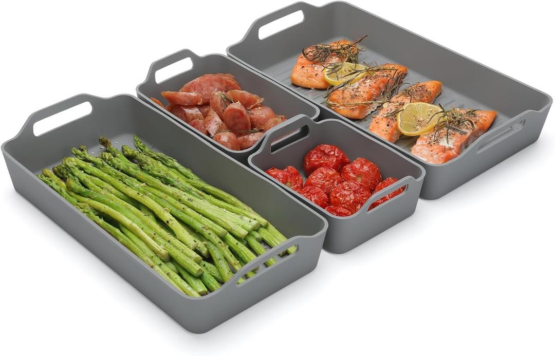 Large Silicone Baking Tray Dividers for Oven Cooking & Meal Prep, Sturdy Heatproof Handles Nonstick Divided Baking Sheet Pan, Reusable Half Sheet Baking Tray, Suitable for Oven Microwave (Gray)