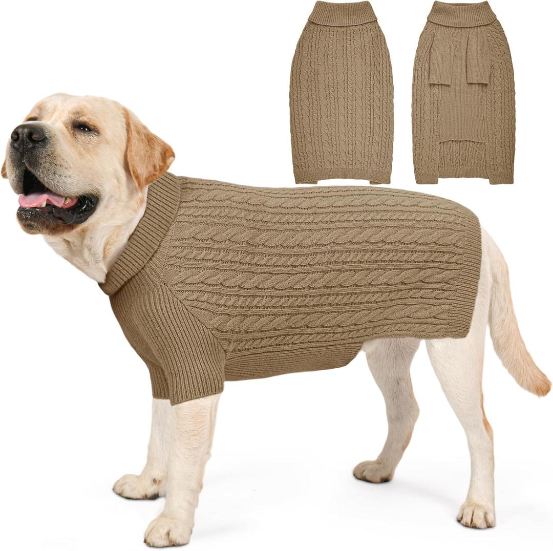 Dog Sweater for Big Dogs Boys Girls Turtleneck Pullover Cable Knit Winter Stretch Clothes Labrador Bulldog Pitbull Doberman with Long Sleeves (XL, Brown)