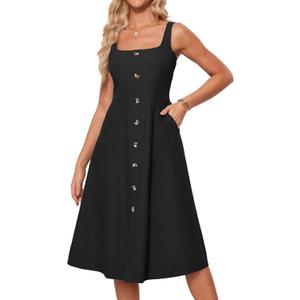 GRACE KARIN Women's Summer Sleeveless Midi Dress Button Down A-Line Swing Flowy Dress Black, Small