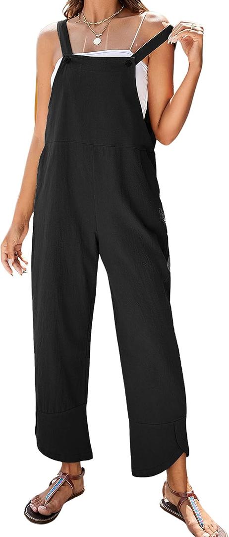 APAFES Women Summer Sleeveless Cotton Linen Bib Overalls Tulip Baggy Capri Jumpsuits with Pockets XL