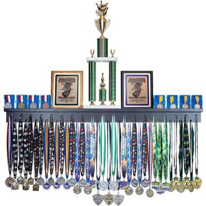 4ft- Medal Awards Rack Premier Medal Hanger Display Rack and Trophy Shelf for Gymnastics, Soccer, Basketball, Football, and More. The Largest Medal and Award Display- 48 (Black)