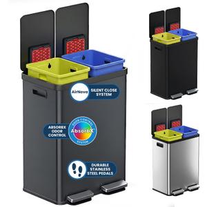 iTouchless 16 Gallon / 60L Dual Kitchen Trash Can & Recycle Bin, 2x8 Gal Removable Buckets, Soft-Close Stainless Steel Step Pedal, Fingerprint-Resistant, AbsorbX Odor Filter – Gunmetal Gray