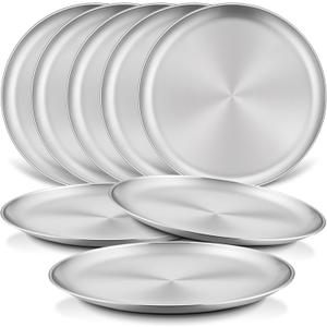 HaWare 8-Piece 18/8 Stainless Steel Kids Plates, 8 Inches Metal Dinner Plates for Toddler Children, Round Serving Plates for Feeding Camping, Non-Toxic Dishes, Shatterproof & Reusable, Dishwasher Safe (Silver)