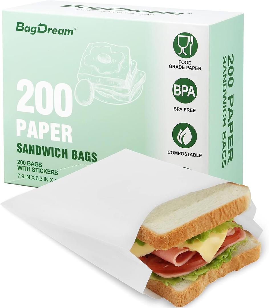 BagDream Paper Sandwich Bags 7.9x6.3x1.96 Inches 200ct Sealable with Thank You Stickers, White Glassine Paper Sack Bags for Sandwich, Food Storage,Treat, Cookies, Burger