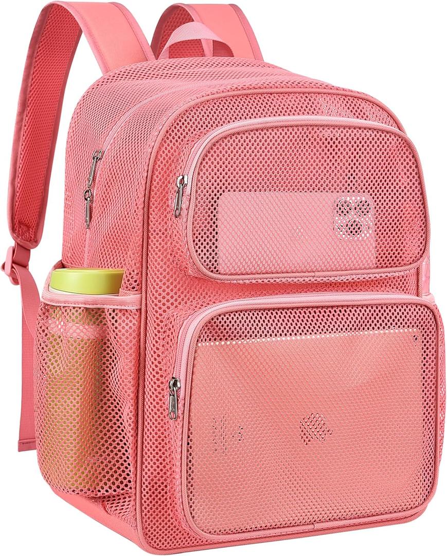 MAY TREE Mesh Backpack Heavy Duty Big Mesh Bag Large Capacity for Travel Beach Hiking Outdoor Sports with Paded Strap (Pink)
