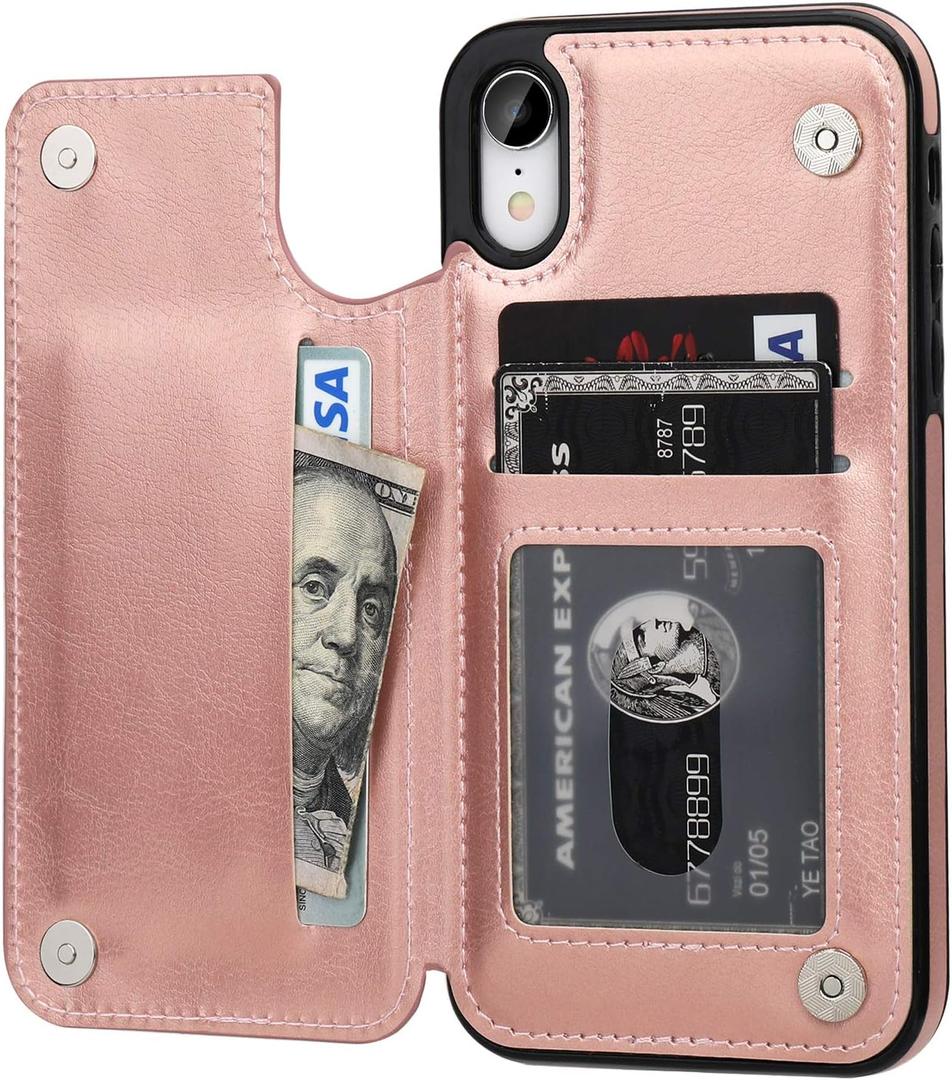 ONETOP iPhone XR Wallet Case with Card Holder,OT Premium PU Leather Kickstand Card Slots Case,Double Magnetic Clasp and Durable Shockproof Cover for iPhone XR 6.1 Inch(Rose Gold)