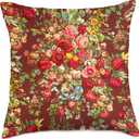 Vintage Burgundy Floral Chintz Flowers with Blue Ribbon Throw Pillow, 18x18