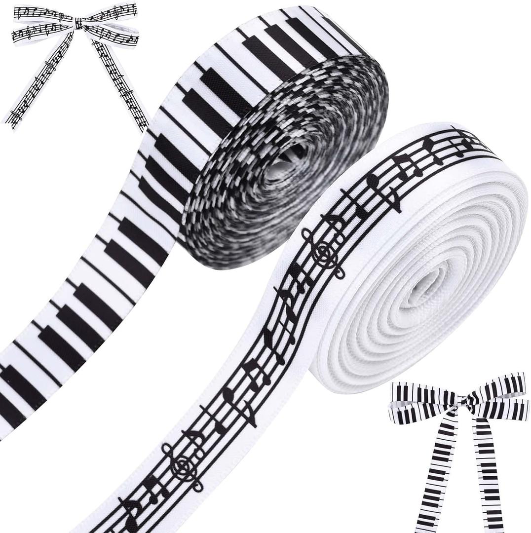 2 Rolls 20 Yards Music Satin Ribbon, 5/8 Inch Piano Keys Musical Notes Craft Ribbon Black and White Fabric Ribbon for Gift Packaging Party Decoration Sewing Craft