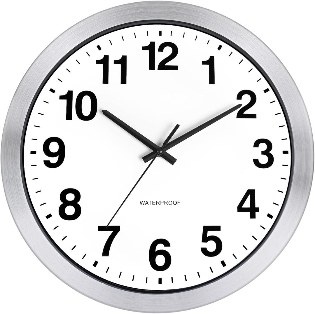 Caysie 16 Inch Sealed Indoor Outdoor Clocks Waterproof, Silent Battery Operated Quartz Metal Wall Clock for Patio Pool Bathroom Home (Silver)