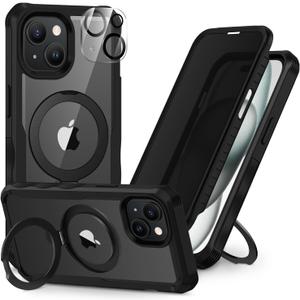 CENHUFO Privacy for iPhone 15 Plus Case, Full Body Phone Case [Compatible with Magsafe] Built-in 9H Tempered Glass Privacy Screen Protector and Magnetic Ring Stand, Clear Camera Lens Cover - Black