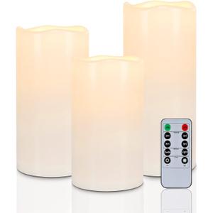 Homemory 6" 8" 10" x 4" Waterproof Outdoor Flameless Candles, Battery Operated Flickering LED Pillar Candles with Remote and Timers for Indoor, Plastic, Ivory White