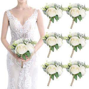 Bridesmaid Bouquets Set of 6 - Ivory White Artificial Flowers Bouquet for Bridesmaids Wedding Small Floral Centerpieces for Marriage Proposal Party Anniversary Dining Table Decor -7 Inch