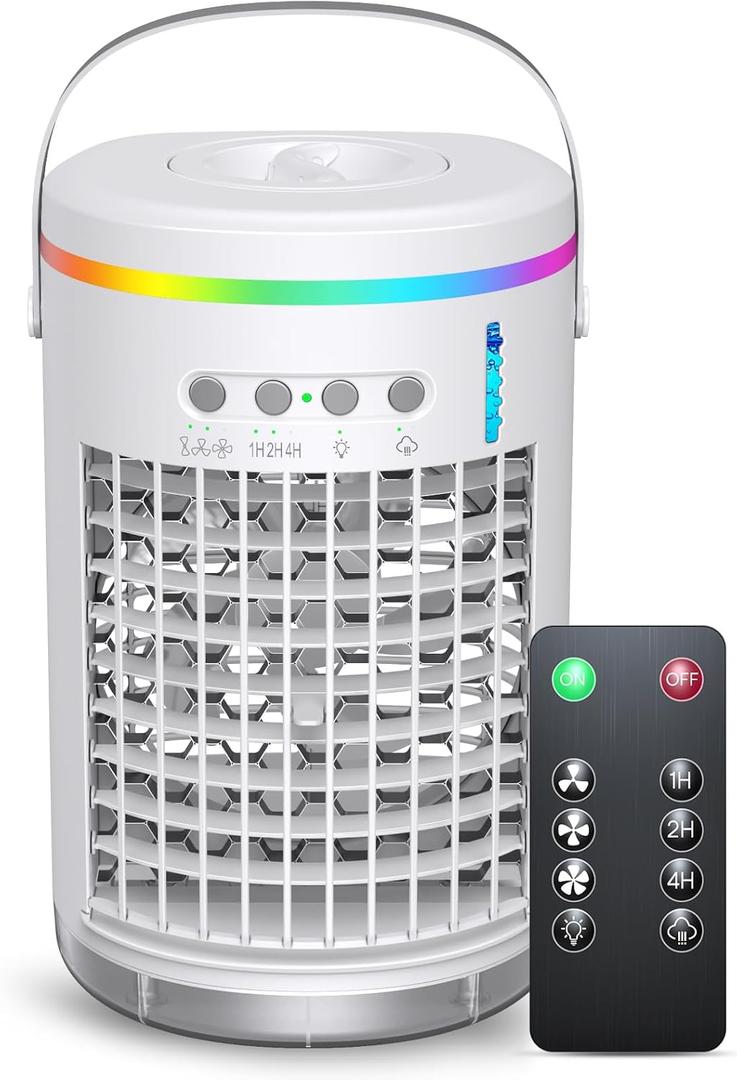 Vosaf Portable Air Conditioners with remote, 1400ml Evaporative Mini Air Conditioner with 3 Speeds, 7 Colors Light Personal Air Conditioner, Portable AC Air Cooler for Room Bedroom Office Desk