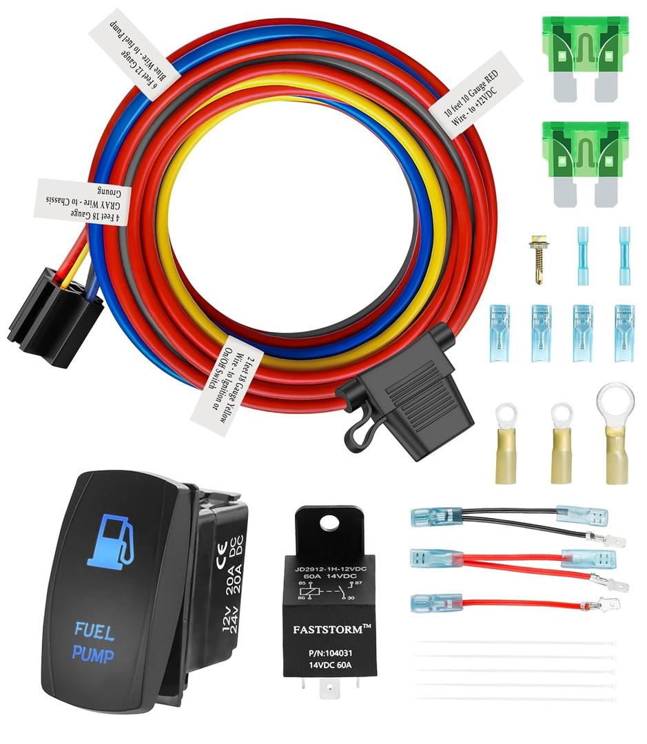 12V Electric Fuel Pump Waterproof Relay Kit Heavy Duty Long Wiring Harness Kit 60 Amp with Fuel Pump Rocker Switches Jumper Wires Set for Cars Trucks Boats ATVs UTVs RVs