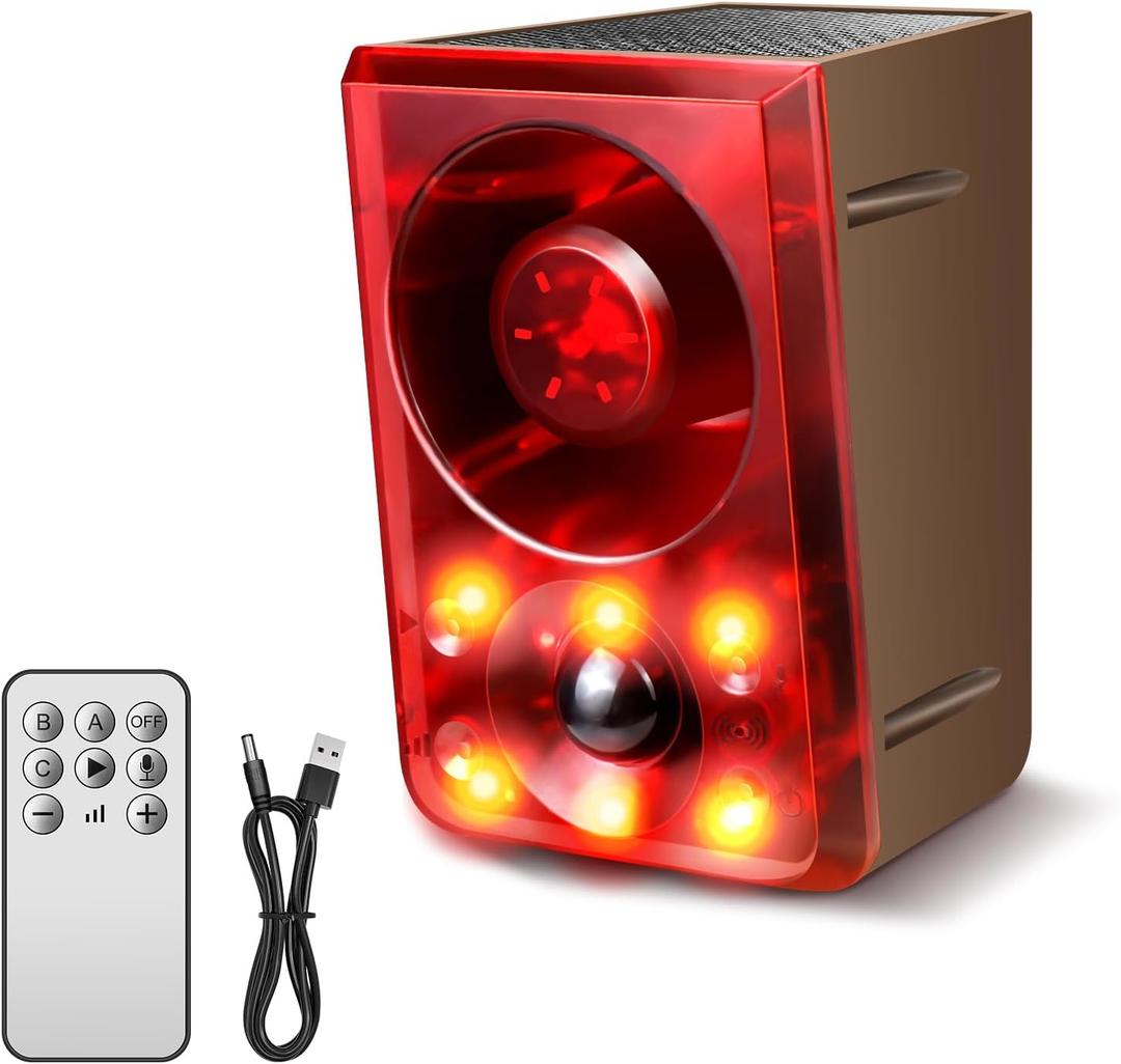 Solar Outdoor Motion Sensor Alarm, Dog Barking&Gunshot Sound, 130db Loud Noise Maker, Support Recording, 13 Kinds of Sound and Strobe Light to Deter Raccoons, Deer, Skunks, Bears, and Coyotes