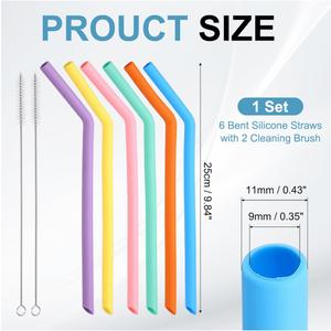 uxcell Reusable Bent Silicone Straws, 10'' x 9 mm Silicone Straws Set with 2 Brushes for Milk Tea Juice Other Beverages, Purple/Yellow/Orange/Pink/Light Blue/Dark Green, Set of 6