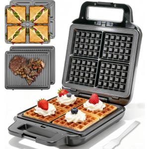 Belgian Waffle Maker with Removable Plates, Waflera Electrica, Large Waffle Iron, 3 in 1 Panini Grill Press Breakfast Sandwich Maker, Electric Griddle, Grilled Cheese Maker, Breakfast Station