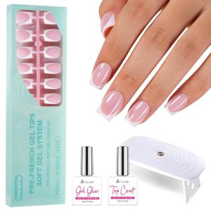 Vansiho Pink Deep French Gel Nail Kit - Short Squre French Tip Press on Nails Kit with Nail Gel, Top Coat for Gift Home DIY