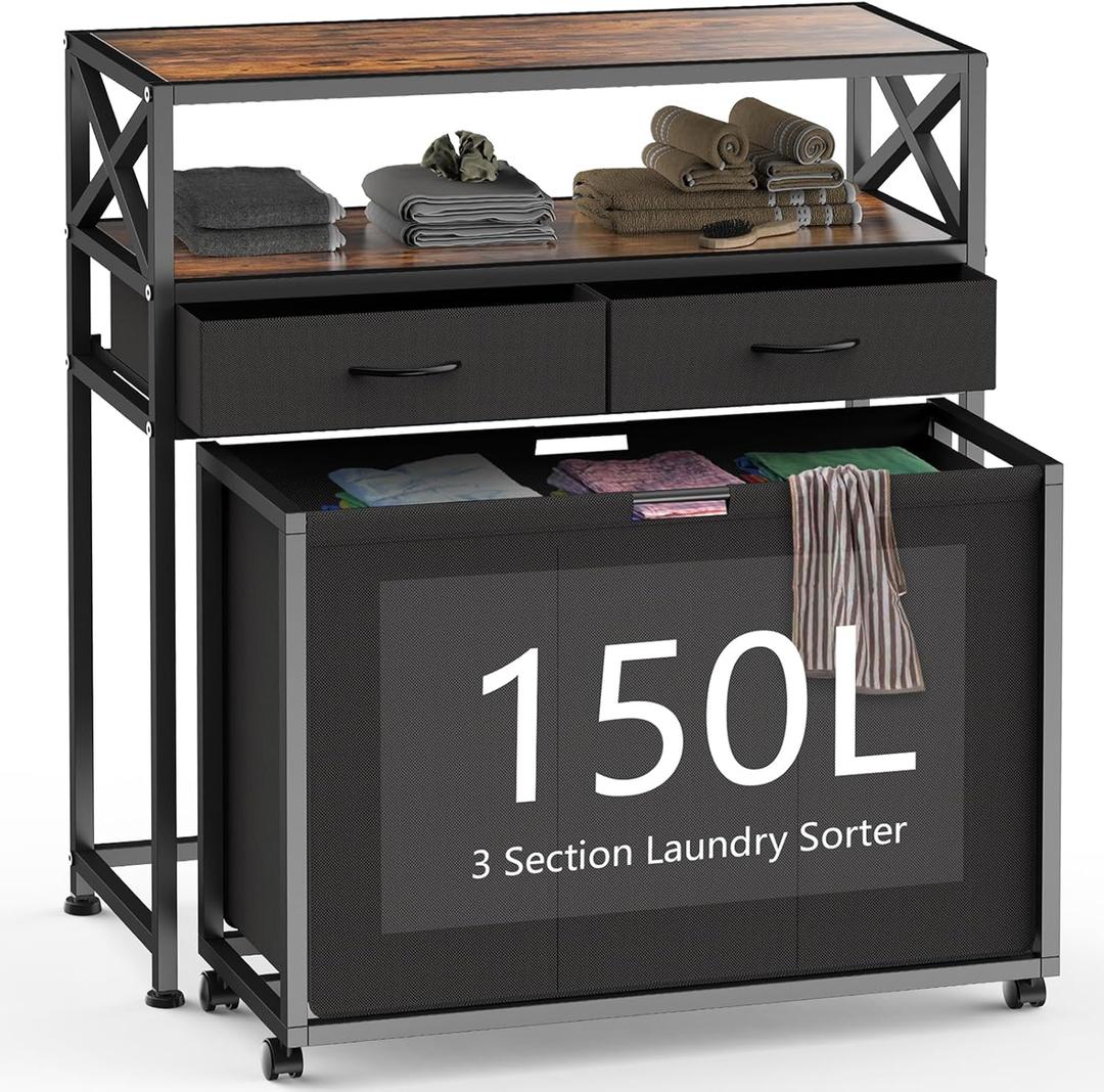 Laundry Hamper 3 Section, 150L Rolling Laundry Sorter Basket with 2 Shelves and 2 Drawers, 3 Compartment Clothes Organizer Cart with Wheels, Pull-Out Bags for Laundry Room, Bathroom, Bedroom (Black)