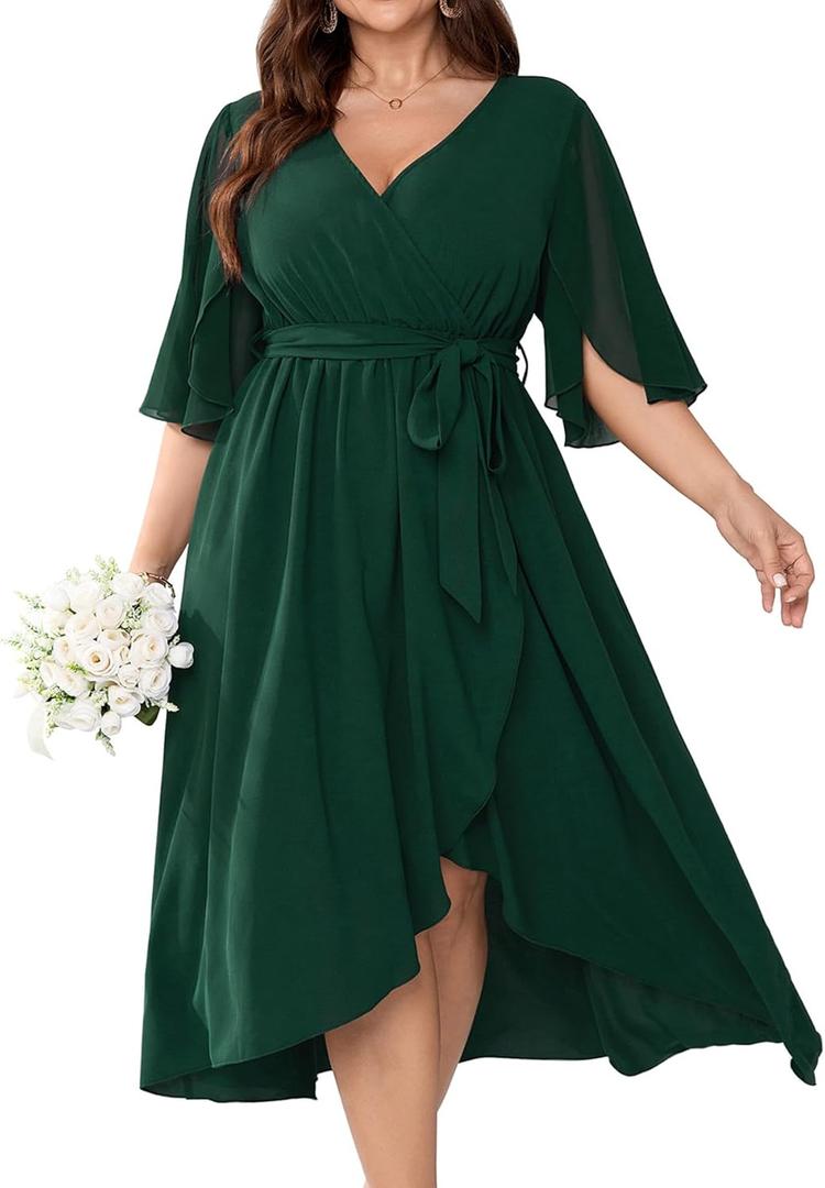 Plus Size Formal Wedding Guest Cocktail Dress for Curvy Women Flutter Sleeve Faux Wrap V Neck Midi Dresses (Emerald Green, XL)