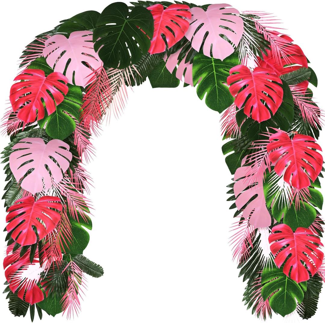 Giegxin 46 Pcs Tropical Artificial Palm Leaves Monstera Decoration Green Hot Pink Set for Flamingo Luau Hawaiian Aloha Theme Party Summer Beach Tropical Birthday Baby Shower Wedding Decor(Pink)