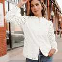ZESICA Women's Casual Blouse Tops Puff Long Sleeve Button V Neck Hollow Out Eyelet Lace Embroidered Shirt Dressy (White, M)