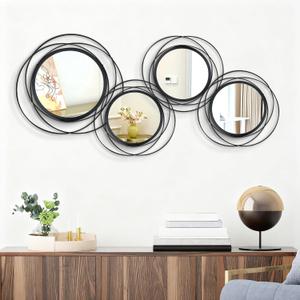 4 Set. Circle Mirrors for Wall Decor for Living Room Bedroom Bathroom Entryway Metal Round Mirror Decorative Hanging Mirrors Sun Bohemian Geometric Accent Sculpture -Black 11 in/9.2 in