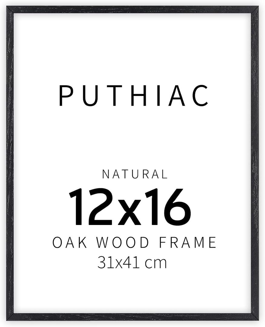Puthiac 12x16 Solid Oak Wood Picture Frame, Fits 8x12 with Mat or 12x16 Without Mat, Wall Display Only, Vertical or Horizontal, Plexi Front, 1 Pack, Black
