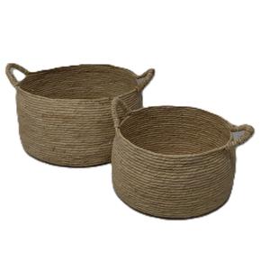 Decorative Round Wicker Woven Rope Storage Blanket Basket with Braided Handles - Set of 2