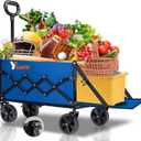 Collapsible Folding Wagon Cart with Tailgate - 300lbs Heavy Duty Foldable Utility Wagon and Brake Wheels - 100L Lightweight Grocery Wagons for Shopping Camping Sports Garden, Blue
