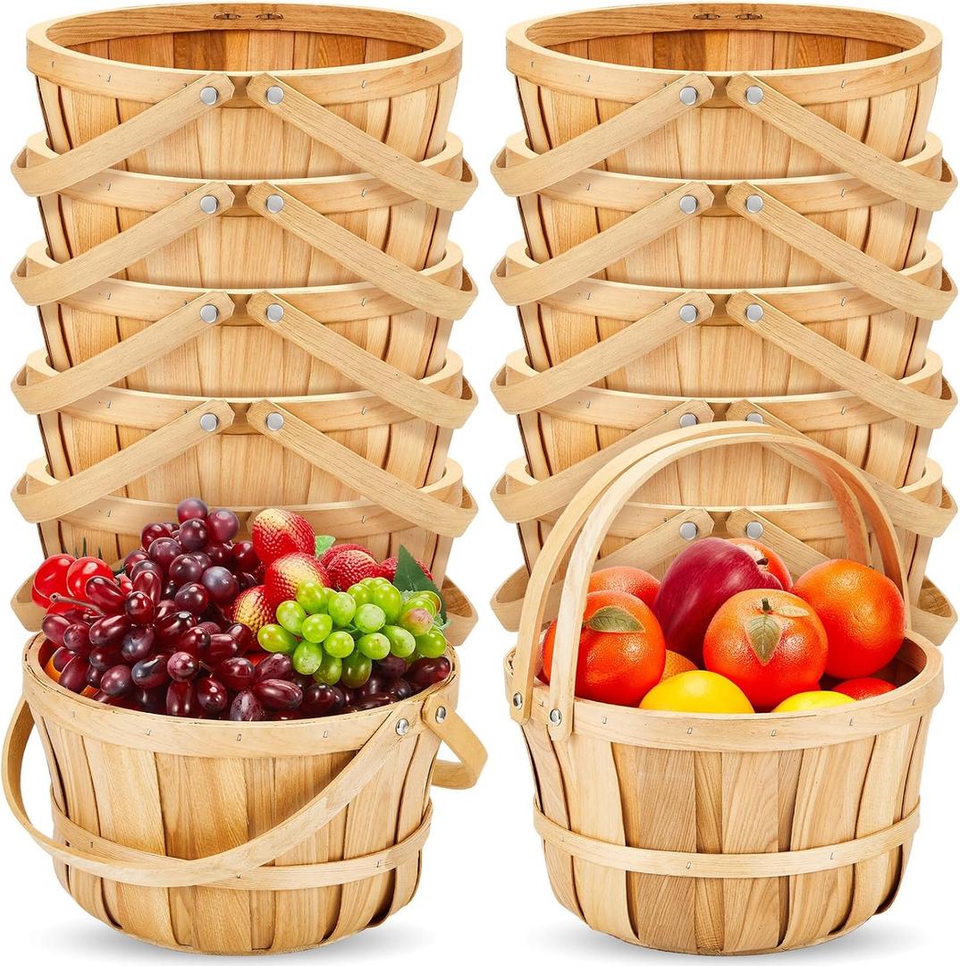 Marsui 10 Pcs Large Wooden Bushel Baskets 11 x 6.5'' Wicker Berry Apple Fruit Bushel Baskets with Handle for Autumn Harvest Garden Storage Farmers Personal or Commercial Use, Burly Wood