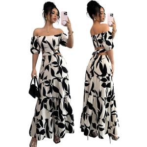 Women's Boho Off The Shoulder Short Sleeve Maxi Dresses Casual Summer Tiered Ruffle Swing Cut Out Flowy Dress (Beige, L)