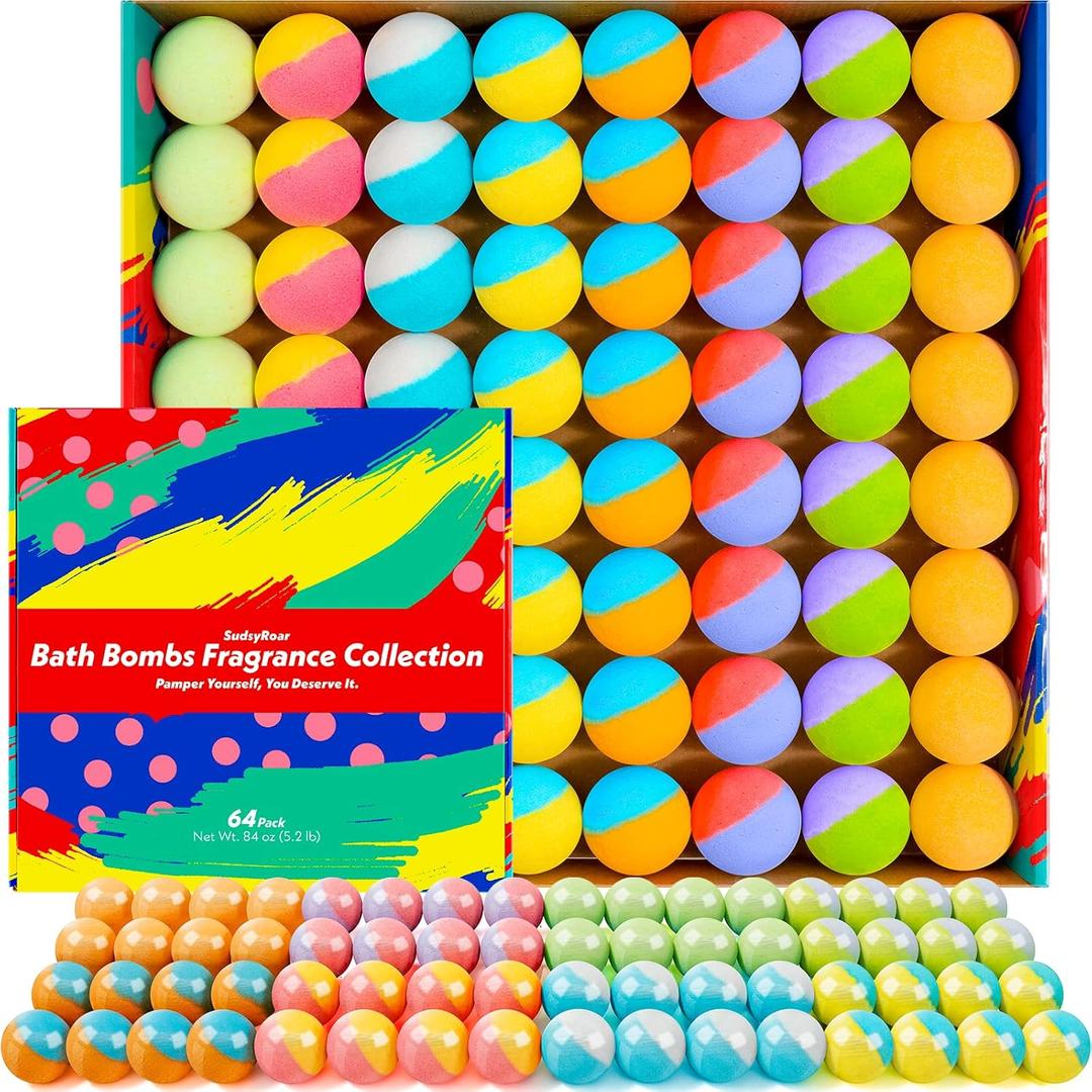 64 Pack Natural Bath Bombs Bulk Set  8 Scents, Organic Ingredients, Long-Lasting Bubbles, Relaxing Gifts for Women & Men, Self-Care, Birthday, Christmas & Stocking Stuffers