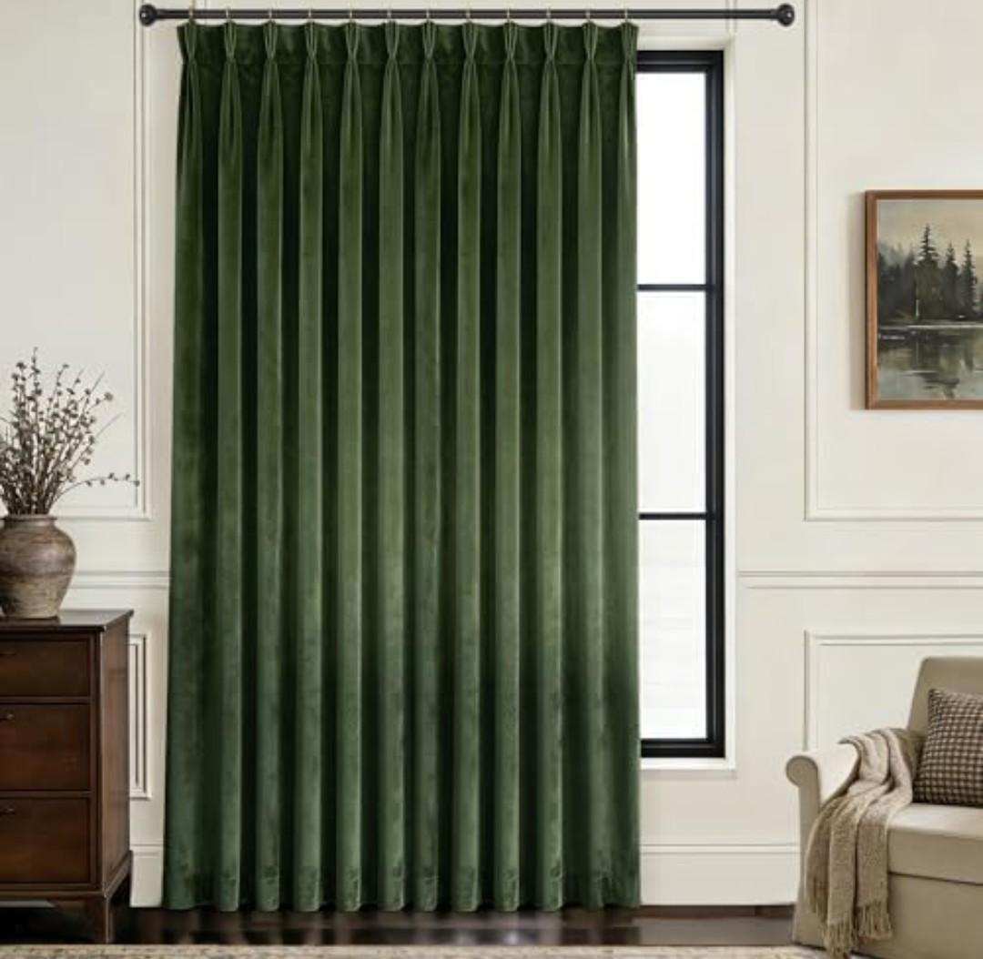 Olive Green Trible Pinch Pleat Velvet Curtains for Living Room 1 Panel Set 80x108