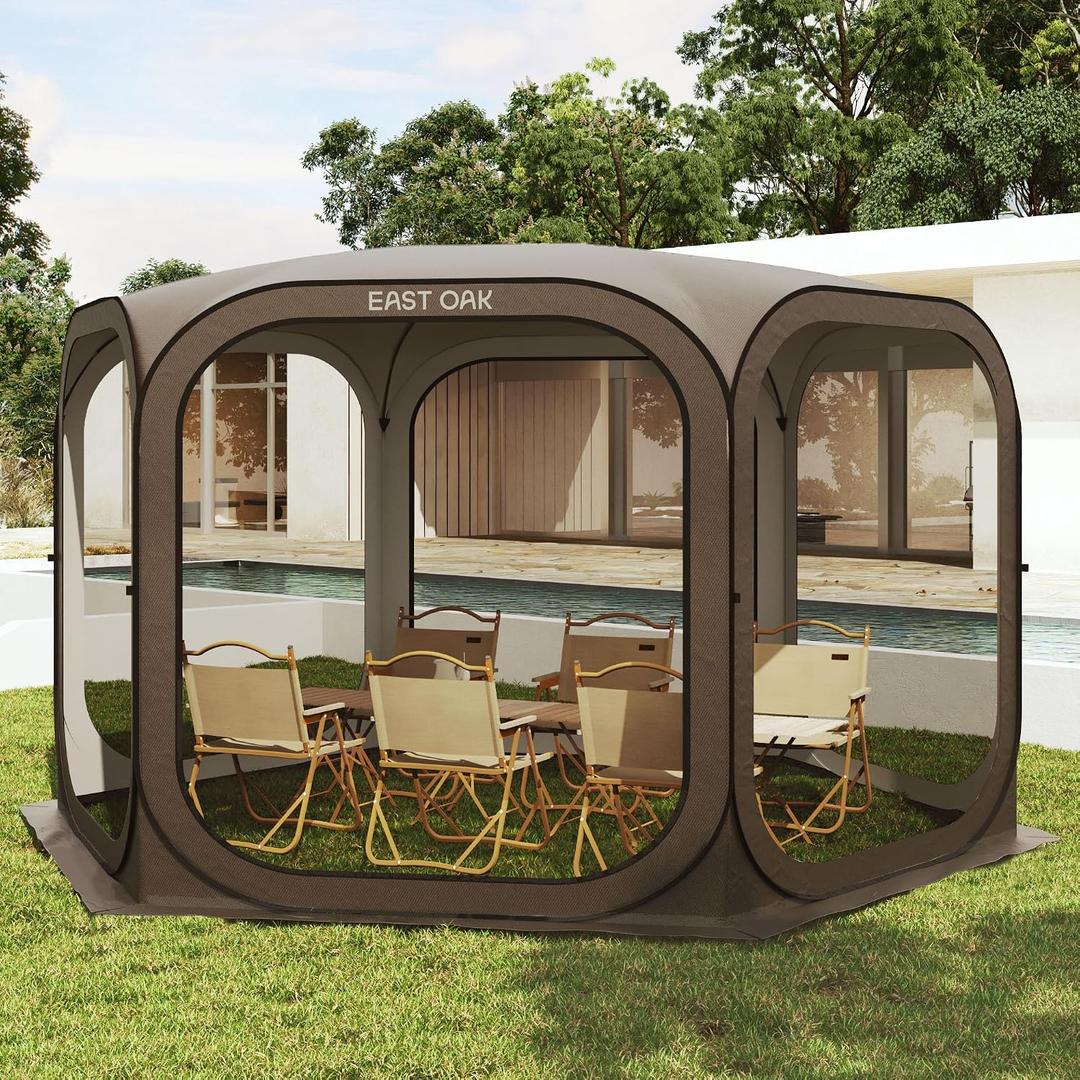 East Oak Screen House Tent Pop-Up, Portable Screen Room Canopy Instant Screen Tent 12 x 12 FT with Carry Bag for Patio, Backyard, Deck & Outdoor Activities, Brown